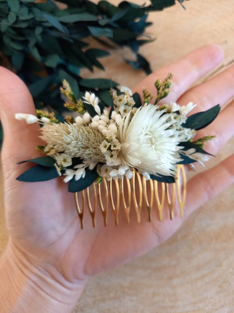 Comb Barette clip of dried and preserved flowers green and cream flowers eucalyptus comb Wedding comb image 3