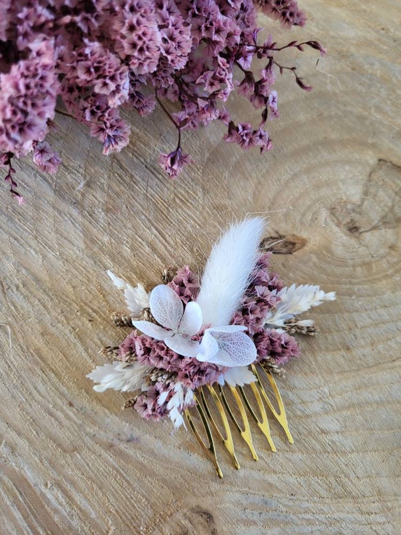 Mini peigne fleurs séchées et stabilisées rose, corail Accessoire coiffure mariage Peigne Mariée et demoiselle d'honneur Peigne fleuri image 5