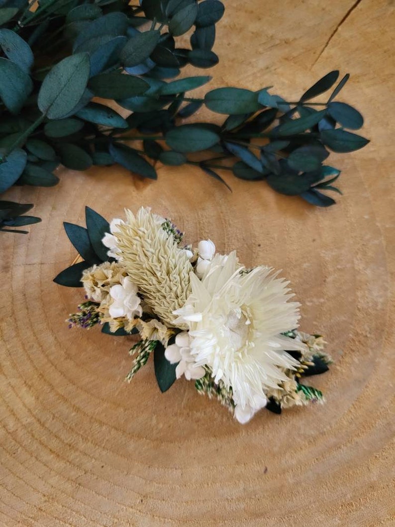 Peigne Barette pince de fleurs séchées et stabilisées fleurs verte et crème peigne eucalyptus Peigne mariage image 5