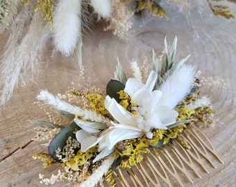 Peigne de fleurs séchées et stabilisées- Peigne mariage- Peigne fleurs jaunes, crème et vertes - Peigne Mariée