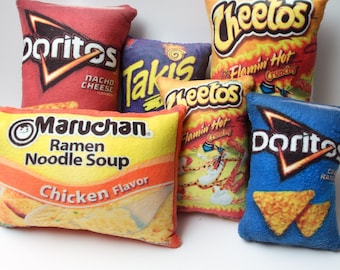 Novelty pillows, chip bags, noodle soups, chocolate bars.