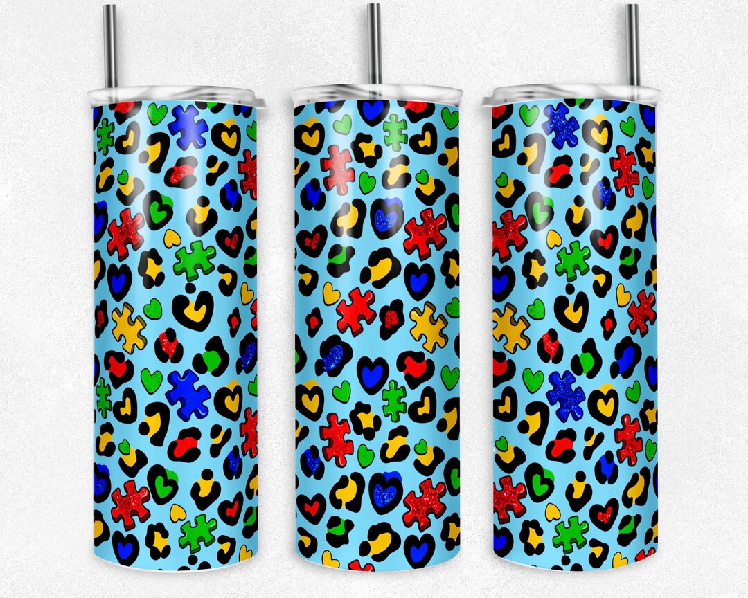 Leopard Print Puzzle Tumbler for Autism Awareness, Puzzle Piece Tumbler for Autism Support