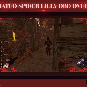 Könnte beinhalten: Animiertes Spider Lilly DBD-Overlay mit einem dunkelroten Rahmen. Das Overlay zeigt eine Spielszene mit einer Figur, die durch eine Holzkonstruktion rennt. Der Text "ANIMATED SPIDER LILLY DBD OVERLAY" steht oben.