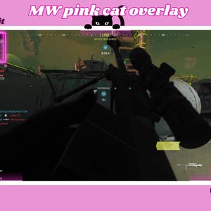 May include: A screenshot of a first-person shooter video game, showing a player aiming a sniper rifle. The game's interface is visible, including the player's health and ammo count. The text "MW pink cat overlay" is displayed at the top of the screen.