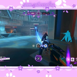 May include: A first-person view of a video game, showing a character holding a weapon with a rainbow design. The character is aiming at an enemy, who is a blue silhouette. The game interface shows the player's health, ammo, and other information. The image also includes a neon cat overlay with a paw print design.