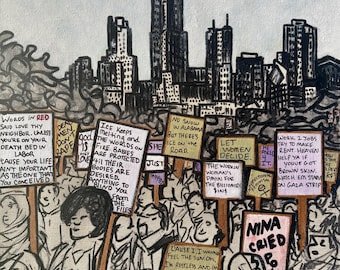 El pueblo recuerda / Obra de arte original de protesta en técnica mixta de 11x14 pulgadas / Horizonte de Chicago / Arte feminista / Arte mural de justicia social / Pieza única