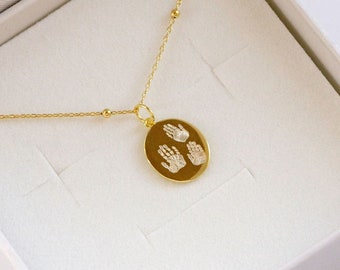 Oval Engraved Pendant Necklace with Three Individual Handprints - Fingerprint Necklace - Recycled 925 Sterling Silver 14k Gold Plated