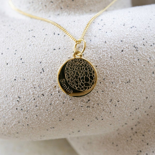 Custom Dog Nose Print Texture Engraved Coin Pendant with Name - Recycled 925 Sterling Silver 14K Gold Plating mothersday gift