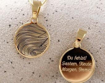 Custom round pendant with personalized fingerprint in 333 yellow gold