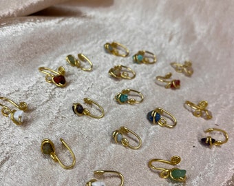 Set of 7 Genuine Crystal Nose Cuffs. Faux nose cuff. Fake nose ring. No piercing needed. Gold or Silver wire. Healing Crystal jewelry.