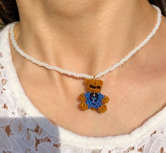 Teddy Bear Choker Necklace Beaded Choker With Denim Teddy Bear