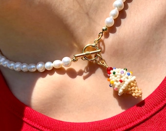 Ice Cream Charm Necklace | Classic Vanilla with Rainbow Sprinkles | Pearl Necklace | Beaded Necklace | Aesthetic Necklace | Y2K Jewelry |