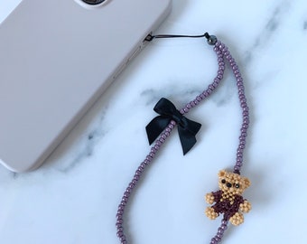 Metallic Purple Beaded Phone Charm | Handmade Teddy Bear, Satin Bow