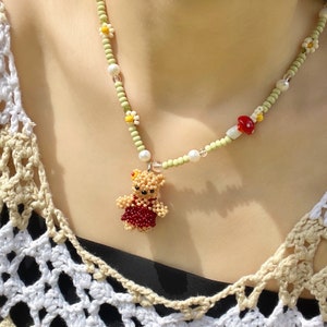 Daisy Bead Necklace w/ Teddy Bear and Mushroom Charm | Beaded Necklace w/ Freshwater Pearl | Cottagecore Jewelry | Fairycore Necklace