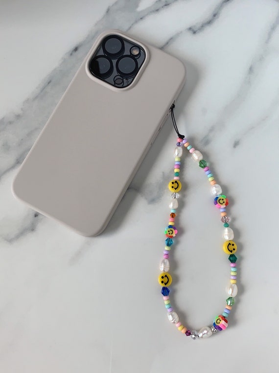 MEKEET Smiley Face Beaded Phone Charm Lanyard Wrist Strap With Letter Pearl Handmade Beads Anti-Lost Chain Colourful For Women And Girls - View #6