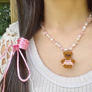 Coquette Pink Teddy Bear Necklace | Handmade Beaded Freshwater Pearl Necklace w/ Soft Pink Teddy Bear Charm | Dollcore | Soft Core Necklace