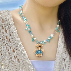 Summer Teddy Bear Necklace | Handmade Beaded Freshwater Pearl Necklace w/ Teddy Bear Charm | Bead Necklace | Aqua Blue Necklace