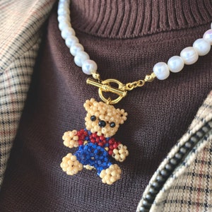 Teddy Bear in Jumpsuit Beaded Pendant | Handmade Beaded Teddy Bear Necklace Pendant | Bracelet Charm | Key Chain Charm |