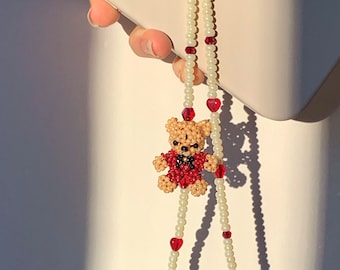 Rouje Teddy Bear Phone Charm | Bead Phone Strap | Phone Lanyard | Fall Red Vintage Phone Chain | Y2K | bead Phone Charm | kawaii