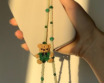 Verdell Teddy Bear Phone Charm | Bead Phone Charm | Phone Lanyard | Fall Vintage Phone Chain| Y2K | Green Phone Strap