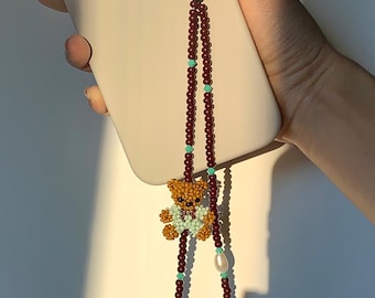 Teddy Bear Phone Charm | Beaded Phone Charm | Phone strap | Fall Brown Vintage Phone Accessory | Y2K | Pearl bead Phone Chain