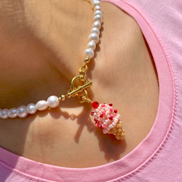 Ice Cream Charm Necklace | Strawberry | Pearl Necklace | Fairycore Necklace | Cottagecore | Kawaii | KPOP | Indie Jewelry | Y2K Jewelry |