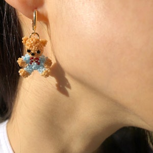 Mini Teddy Bear Hoop Earring | SINGLE Huggie Hoop Earring with Beaded Blue Teddy Bear Charm | Cottagecore Earrings | The Blue Collection