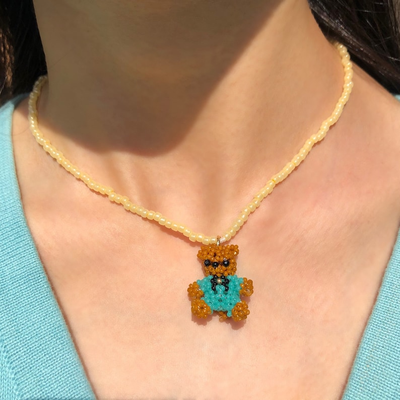 y2k | Teddy Bear Choker Necklace Beaded Choker with Beaded Turquoise Teddy Bear Charm kpop indie necklace soft aesthetic kidcore