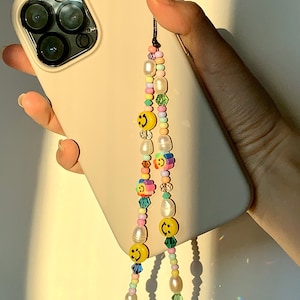 Doodles Phone Charm | Smiley Beads Phone Chain | Pastel Rainbow Phone Lanyard | Phone Charm| Y2K | Pearl bead Phone Strap | indiekid style