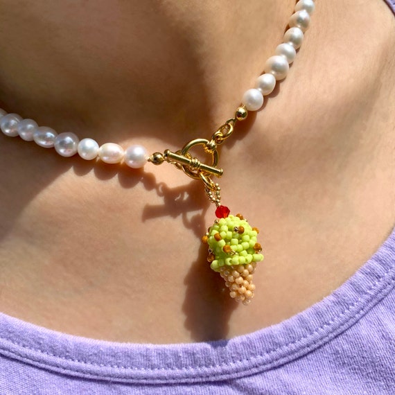 Ice Cream Charm Necklace Pistachio Beaded Pearl Necklace Y2K Jewelry Y2K Aesthetic Cottagecore 90s Bead Necklace Indie Jewelry Etsy