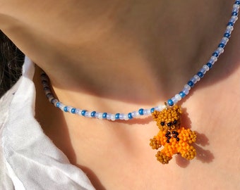 Teddy Bear Choker Necklace | Beaded Choker with Tiny Beaded Orange Teddy Bear Charm | indie necklace | y2k jewelry | kawaii jewelry