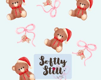 Teddy Santa & Bow Minimal Seamless Pattern | Cute Christmas Digital Paper | Festive Teddy Bear Repeat Design | PNG Download