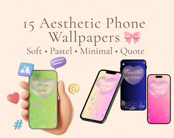 Pode incluir: Imagem de 15 papéis de parede estéticos para telemóvel com temas suaves, pastel, minimalistas e com citações. Vários smartphones são exibidos, cada um com designs em forma de coração e citações inspiradoras. Inclui um laço rosa, um coração e ícones de mídia social.