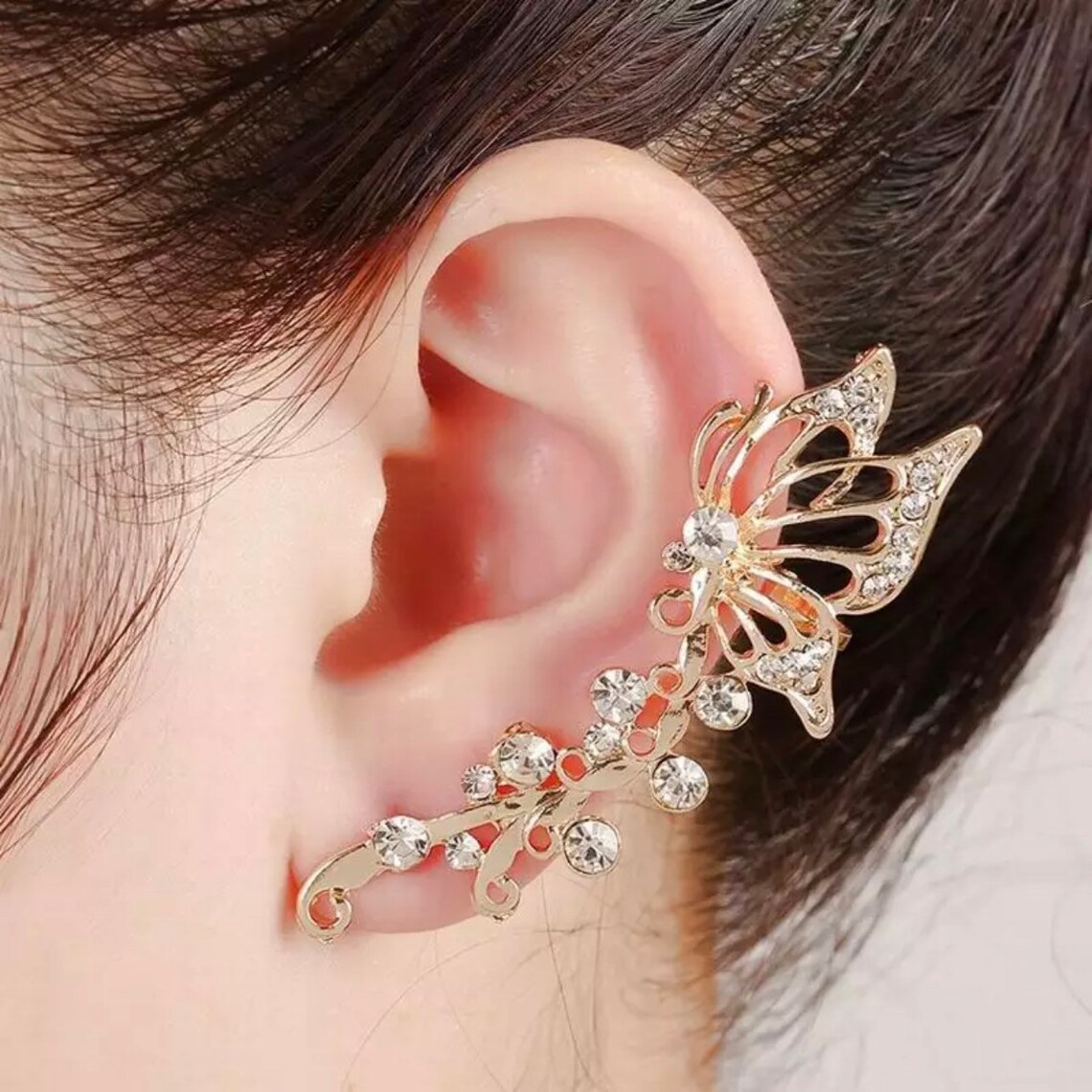 Gold Rhinestone Butterfly Ear Cuff Wrap Climber Cz Fantasy Etsy
