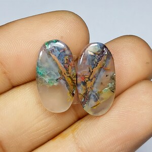 Paire de pierres précieuses uniques chrysocolle, cuivre natif et calcédoine, cabochon, cuivre, forme ovale, pierre précieuse non fixée 18 x 10 x 3 mm