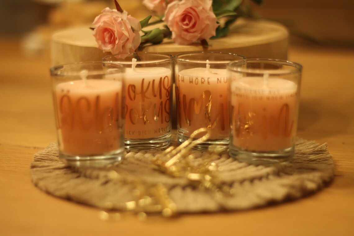 Rosa Kerze im Glas mit Spruch Rosenduft Metallic Etsy