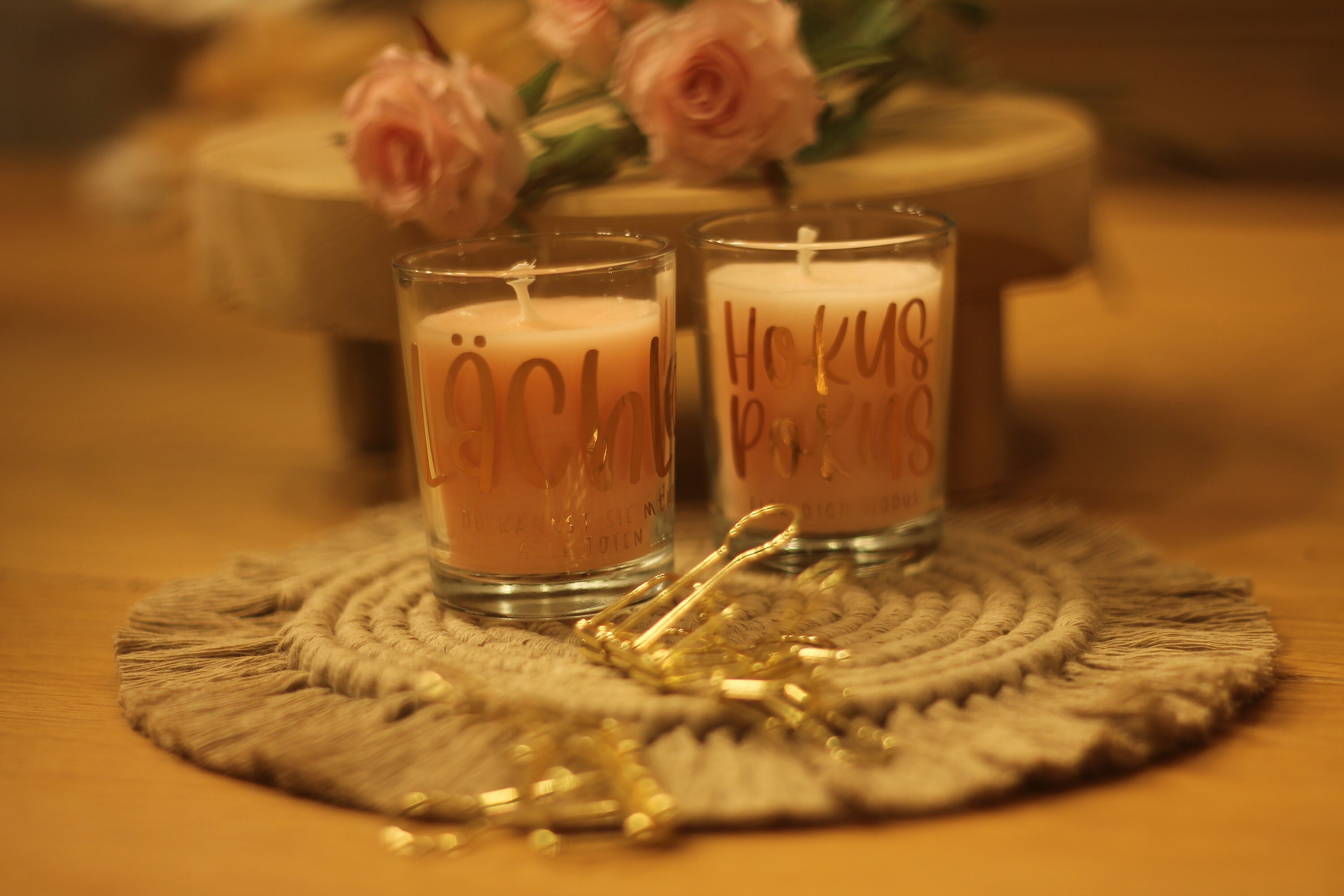 Rosa Kerze im Glas mit Spruch Rosenduft Metallic Etsy