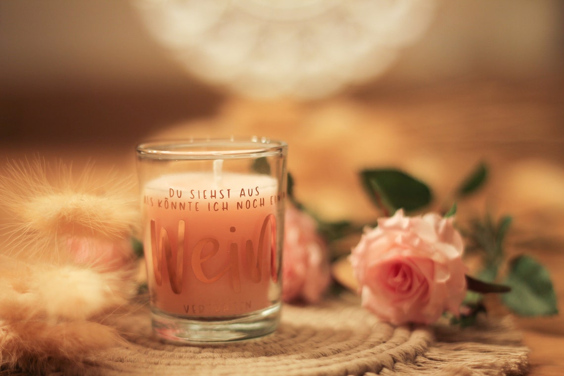 Rosa Kerze im Glas mit Spruch Rosenduft Metallic Etsy
