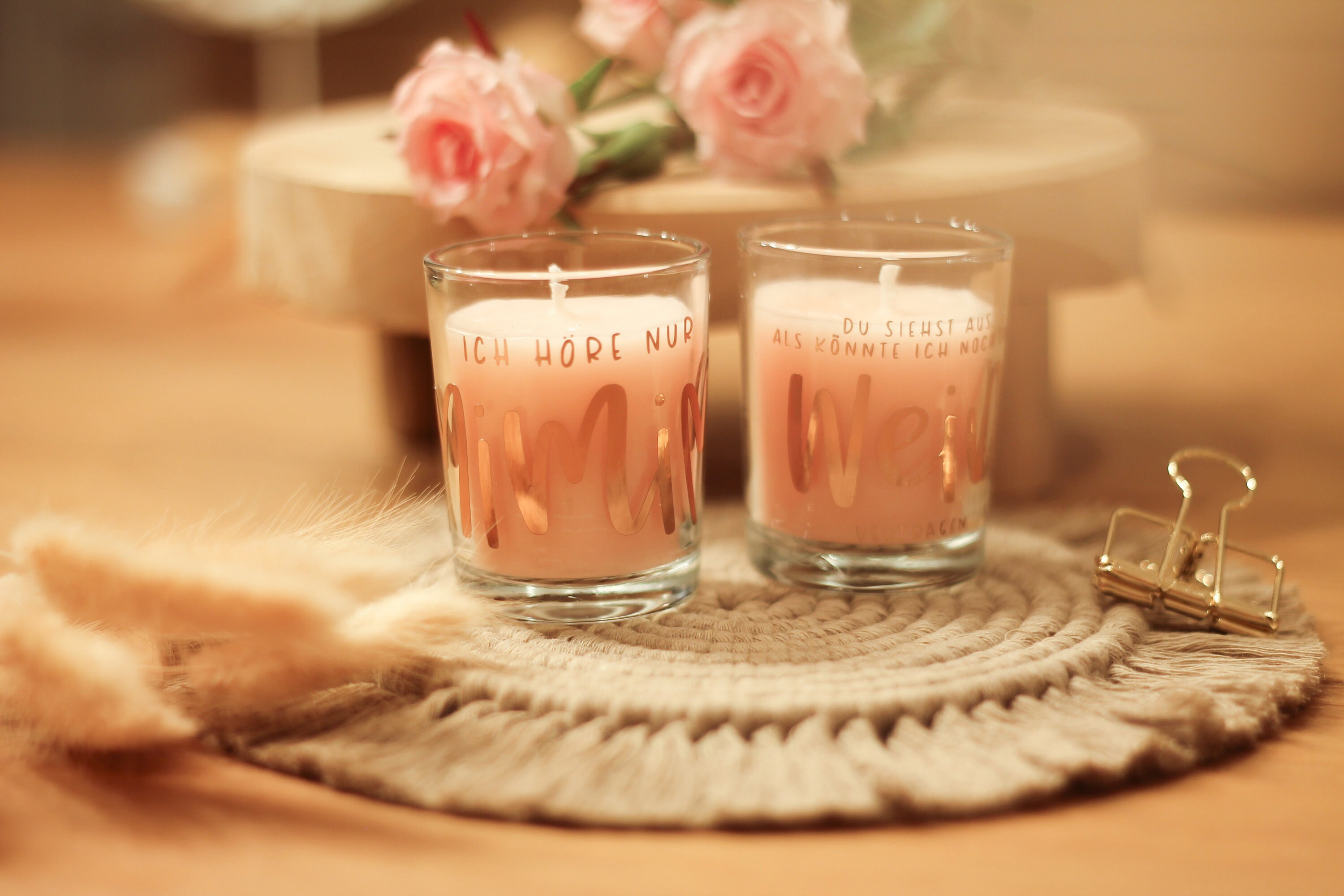 Rosa Kerze im Glas mit Spruch Rosenduft Metallic Etsy