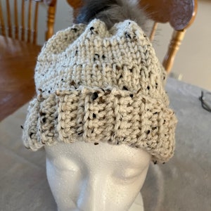 Crocheted Cream Tweed Hat with Pom Pom