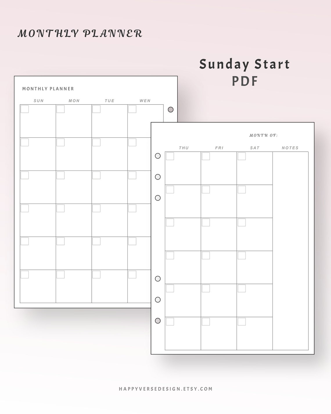 Month on Two Pages Monthly Planner Printable Minimal Monthly | Etsy