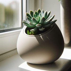 Può includere: Un vaso di colore grigio chiaro a forma di uovo con una pianta grassa che cresce al suo interno. La pianta ha foglie verdi a forma appuntita.