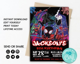 Instant Download Editable Invitation, Spiderman Into the Spider-Verse Invitation, Spider Verse Birthday Party, Miles Morales Invitation