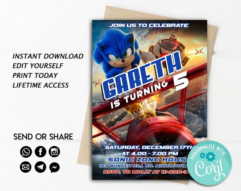 Editable Sonic Invitation Sonic Party Invite Sonic The Hedgehog Invitation Sonic Party Theme Sonic Party Hedgehog Thunder
