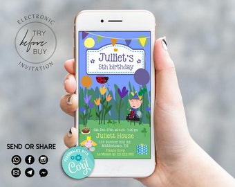 Electronic Birthday Party Invitation, Mobile Phone Text, Editable Template Corjl, Ben and Holly's Little Kingdom Invitation, Ben & Holly