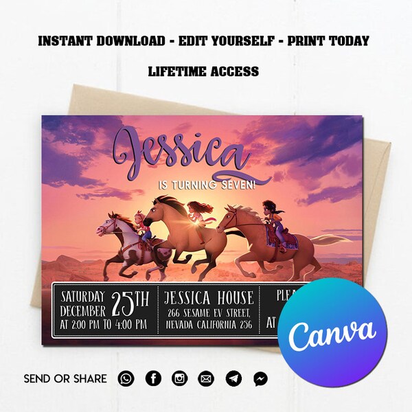 Spirit Riding Free Printable Birthday Party Invitation Horse Party Girl Birthday Lucky Fill in ...
