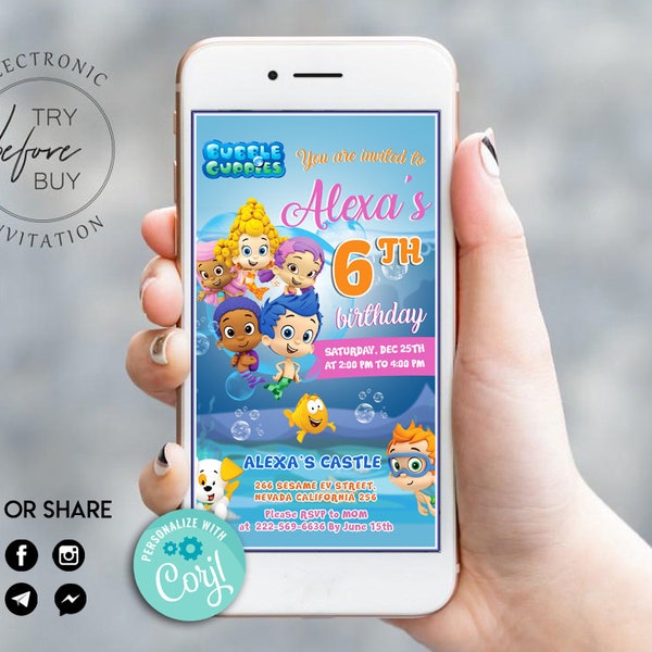 Electronic Birthday Party Invitation, Editable Mobile Phone Text, Bubble Guppies Invitation, Bubble Guppies Birthday, Gil, Molly,Mr. Grouper