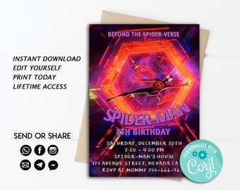 Instant Download Invitation, Spiderman Beyond the Spiderverse Birthday Invitation, Into the Spider-Verse Invitation, Spider-man Birthday