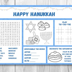 Puede incluir: Una hoja de trabajo imprimible con actividades para Janucá. La hoja de trabajo incluye una búsqueda de palabras, un juego de tres en raya, un juego de palabras y una página para colorear de una sufganiyá. La hoja de trabajo está decorada con un fondo azul y una guirnalda de estrellas.