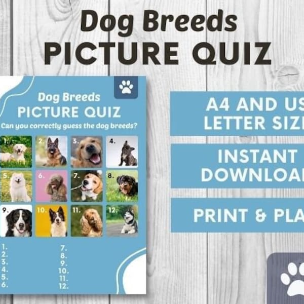 Dog Breeds Picture Quiz - Dog Activity, Fun Party Game, Dog Lover, Dog Breeds Questions, Quarantine Game, Digital File + INSTANT DOWNLOAD!